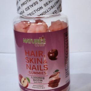 Nature’s Cure Hair, Skin & Nails Gummies – 2,500mcg Biotin with Vitamins C & E | Apple Flavor | Strong Hair, Glowing Skin & Healthy Nails | 60 Gummies